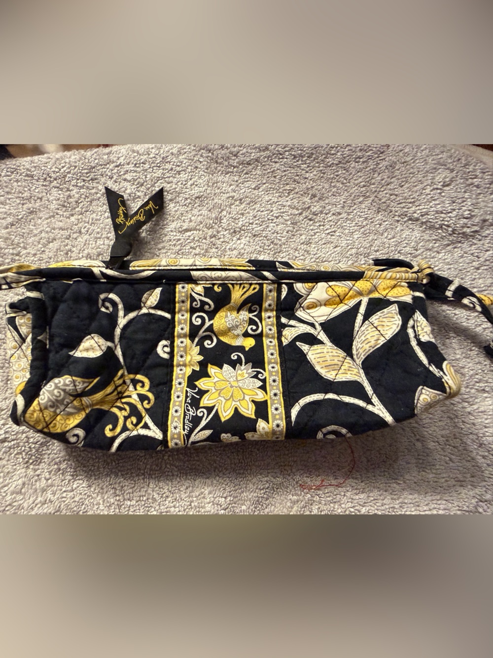 Vera Bradley Black and Yellow Quilted Wristlet with Bird Floral Print
